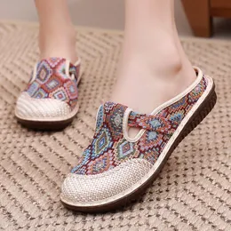 Dress Shoe's Old Beijing Cloth Shoes Antique Style Mesh half Casual Breathable Female Slipper Zapatillas De Mujer Moda 230818