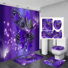 Shower Curtains Home Purple Flower Butterfly Waterproof Print Shower Curtain 4 Piece Carpet Cover Toilet Cover Bath Mat Pad Set Bathroom Curtain 230820