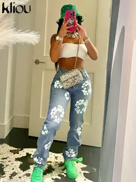 Women's Jeans Kliou Cotton Aesthetic Flower Print Jean Casual High Waist All Match SKinny Denim Streetwear Pant Female Hipster Clothing 230821