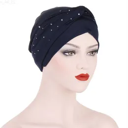KepaHoo Women Muslim Cotton Turban Folding Twist Knotted Hair Diamonds Scarf Elastic Head Wrap Headwear Bandanas Lady Hair Hats L230821