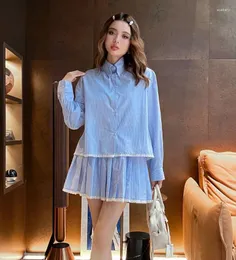 Skirts 143952 143953 Fashion Classic Trendy Luxury Designer Cloth Casual Baby Blue Striped Shirt Pleated Skirt Set Woman M5