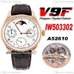 V9F 503302 Kalendarz wieczny A52610 Automatyczny męski zegarek Rose Gold White Dial Moon Reserve Reserve Brąz skórzany pasek Super 213U