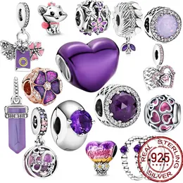 S925 Sterling Silver New Purple Collection Jewelry Flower Round Heart Charm Pendant Beads Suitable for Pandora Original Bracelet Ladies Gift DIY Free Shipping