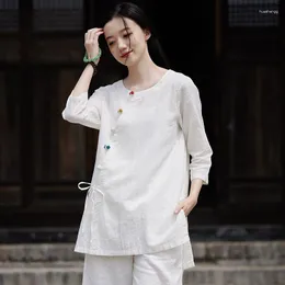 여성용 블라우스 요한 여성 중국 스타일 셔츠와 탑 O- 넥 7 슬리브 2023 가을 단색 버튼 빈티지 린넨 셔츠