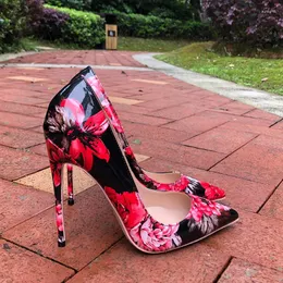 Sukienka butów kobiet gloossy kwiatowy nadruk spiczasty stóp na obcasie 8 cm 10 cm 12 cm imprezę dla kobiet seksowne patentowe pompki sztyletowe