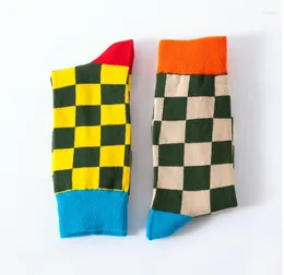 Men's Socks Fashion Hip Hop Man Combed Cotton Personality Street Sock Big Size Long Colorful Check Print Unisex 36-43