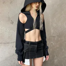 Women's T Shirts Goth Dark Irregular Hollowed-Out Shoulder Cut Cross Strap Hooded Smock Dark Spice Long-Sleeved Slim-Fit Top