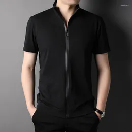 メンズTシャツ半袖アイスシルクシームレス通気性汗吸収夏のファッションジッパーシンプルなビジネスカジュアル