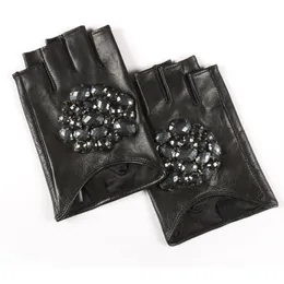 Fashion-2018 Rhinestone Inlay Fingerless Leather Gloves Casual Trendy High Quality Autumn Women All-mathch BE489270g