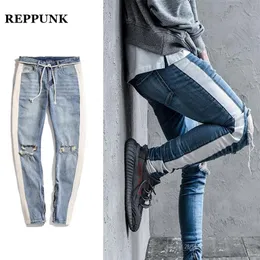 Reppunk 2018 New Knee Hole Side Zipper Slim Frusted Jeans Men Ripped Personality Streetwear Hiphop Male Stripe Denim Pants291J