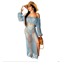 Женские брюки с двумя частями Slash Neck Sets Women Tassels Tassels Crop Top и Skirt Set Sexy Cloghet Beach Wear 2 Летний наряд Drop Deviv Dh9f7