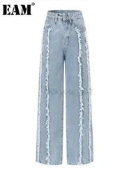 Kvinnors jeans Eam Blue Burrs High Street Long Wide Leg Jeans High midja Nya lösa kvinnliga byxor Fashion Tide Spring Autumn 2023 1de7583