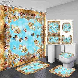 Duschgardiner Retro Mural Angel Print 3D Duschgardiner Vattentät badrumsgardin Set Non-Slip Rug Lid Cover Bath Mat R230822