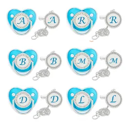 Clipe de chupeta de bebê azul de luxo de zircão 26 letras recém -nascidas chupetas personalizadas portador de silicone teether mamilo bpa grátis