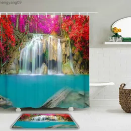 Cortinas de chuveiro cachoeira florestal cenário natural cortinas de chuveiro conjunto cortina de banheiro tecido à prova d'água com tapete não deslizante r230822