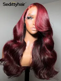 Parrucche sintetiche bordeaux 99j onda corpo parrucca frontale 13x4 frontale trasparente 180% di capelli umani colorati brasiliani per donne 230821