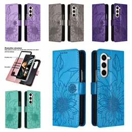 Zfold5 Sonnenblumen PU Leder Brieftaschenhüllen für Samsung Galaxy Z Fold 5 4 3fache Zfole Zfol3 Zfole Faltplatte Fashion Flower Id Card Cash Flip Cover Telefonbeutel