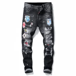Herren Jeans Multi -Handwerk Neue abgenutzte europäische und amerikanische Außenhandel Originalversion mit Patch Badge Slim Fit Jeans