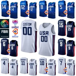 Druck US -Weltmeisterschaft 2023 Basketball 13 Jaren Jackson Jr Jersey 4 Tyrese Haliburton 11 Jalen Brunson 12 Josh Hart 6 Cameron Johnson 8 Paolo Banchero USA