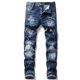 Мужские джинсы измельченная краска для мужской стройной посадки с отверстиями, несколькими значками и эластичностью