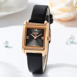 Relógios de pulso Japão Quartz Movement Red Dial Roman Square observa a moda Leather Wristwatch Ladies Gold Rose Gold for Women 1067