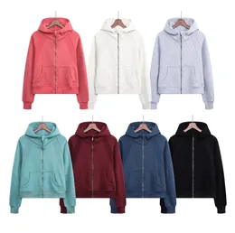 NWT Women Brushed Full Zip Hoodie Jacket Sportswear Lu-98 Yoga Outfits Hooded Workout Track Running Coat with Pockets Outdoor Fleeces Thumb