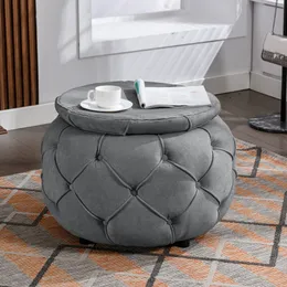 Large Button Tufted Woven Round Storage Footstool,Suitable for living room, bedroom,Grey