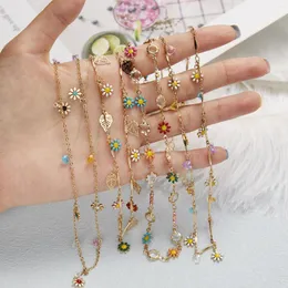 Charm Bracelets Gold Color Daisy Flower Chain Bracelet Set For Women Colorful Necklace Anklet Trendy Elegant Party Jewelry Gifts Adjusted