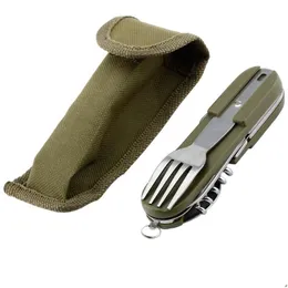 Servis uppsättningar Army Green Folding Portable Stainless Steel Cam Picnic Cutlery Knife Fork Spoon Bottle Opener Flatvaror Tabeller TRATE DHFU3