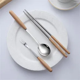 Dinnerware Sets Japanese Style Wooden Handle Stainless Steel Knife Fork Spoon Western Steak Tableware Chopsticks Fruit Dessert