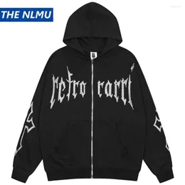 Men's Hoodies Goth Punk Hoodie Rhinestone Letter Cross Zip-up Sweatshirts Men Harajuku Oversized Hip Hop Streetwear Y2K Black