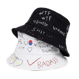 Breda randen hattar hink 1 st unisex harajuku hatt graffiti brev kvinnor män fiske fiskare sommar utomhus panama hip hop cap par gåvor 230822