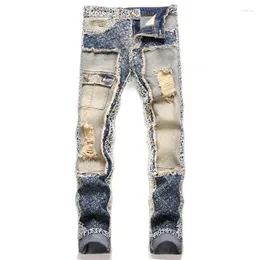 Herr jeans män rippade multi pocket streetwear hip hop y2k lapptäcke blå denim byxor byxor man