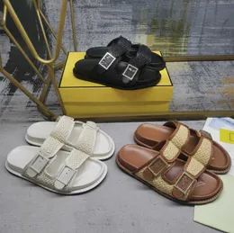 Fendyity Women Pattern أحدث أحذية F Slippers شباك جلدية أصلية PP Straw Slides Sandal اثنين