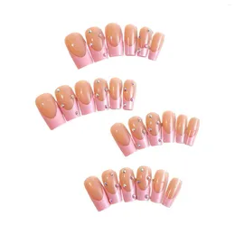 False Nails Pink Tips Sqaure Fake Glossy Long Square Reusable Stick-on For Sweet Girl Dress Matching