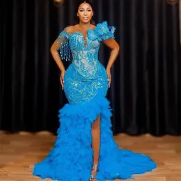 2023 augusti Aso Ebi Blue Mermaid Prom Dress Pärlade spetskristaller Kväll Formell parti andra mottagning födelsedag engagemang klänningar klänningar mantel de soiree zj7114