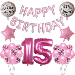 Andra evenemangsfestleveranser 1Set Mis Quince My Fifteen 15th Year Old Birthday Balloons nummer 15 Baloon Spanish Girl Pink Happy Po Props 230821