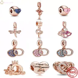 925 Srebrny Dangle Charm Pink Blue Heart Solitaire Clip Dragonfly Koraliki do Pandora Charms Srebrne koraliki