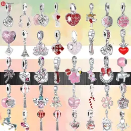 925 silver beads charms fit pandora charm 925 Bracelet Fashion Red Pink Flower Tree Hot Air Balloon Butterfly Love charms set Pendant DIY Fine Beads Jewelry