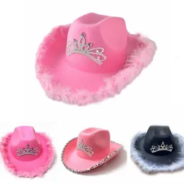 Wide Brim Hats Bucket Women Fedora Girl Tiara Western Pink Cowboy Hat for Party 230822