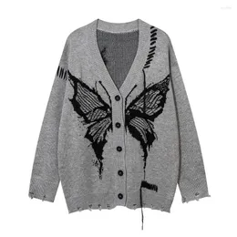Maglioni maschili Butterfly Cardigan Patch Autumn V Neck Unisex Streetwear Y2K Abiti a maglia casual sciolti di grandi dimensioni.