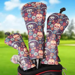 Other Golf Products Dia de los Muertos Style Soft PU Leather Printing Golf Club Headcover 3pcs Set Option Driver Fairway Wood Hybrid Covers 230821