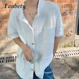 Women's Sweaters Korean Men's Knitted Mesh Hollow Top Trendy Solid Color O Neck Short Sleeve Cardigan Casual MultiPocket Button Allmatch Shirt 230821