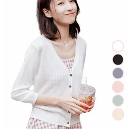 Damskie Krzyki TES Cardigan Summer Three -Quarter Rleeves Korean Style Vneck Knit Sweter Uvcut Ice Silk Top cienki małe do ponadwymiarowego 230821