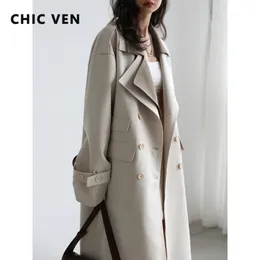 Trench da donna Chic Ven Women Wear Coat Solido Contrasto sciolto COLLARE DOPPIO Sfrigo a vento Lunghe Office Lady Spring Autumn 230822