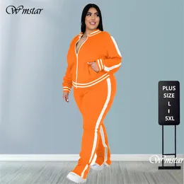 Women s Plus Size Pants L 5XL Two Piece Set Women Sweatsuit Zip Striped Top Slit Sweatpants Jogger Outfit Matching Wholesale Drop 230821