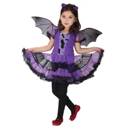 Girl's Dresses Kids Girls Purple Bat Princess Dress Fancy Cosplay Costume Witch Clothes With Wing Halloween Rollspelkläder 230821