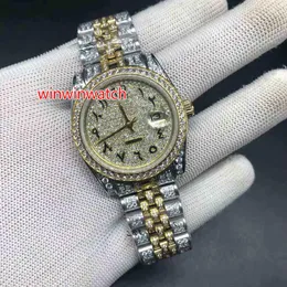 Полные бриллиантские часы для мужчин Big Stones Day Day Sweep Automatic Date Watch High Caffice 36 мм двухтонные щиты224P