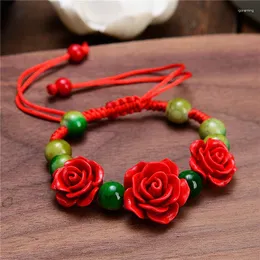 Charm Bracelets Fashion Women Rose Bracelet Ethnic Handicraft Lacquer Carved Cinnabar Flower For Red Rope Beaded