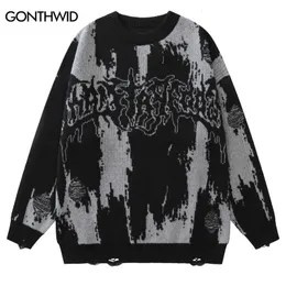 Men's Sweaters Hip Hop Ripped Sweaters Grunge Y2K Vintage Knitted Punk Gothic Streetwear Jumpers Men Women Harajuku Fashion Pullover 230821